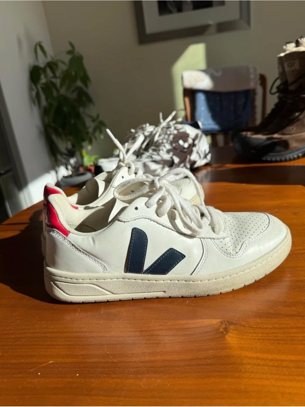 Veja Leather Sneakers in White with Navy V and Red Heel
